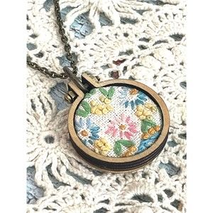 Miniature Vintage Floral Wood Embroidery Hoop Handmade BOHO Necklace 24" Chain
